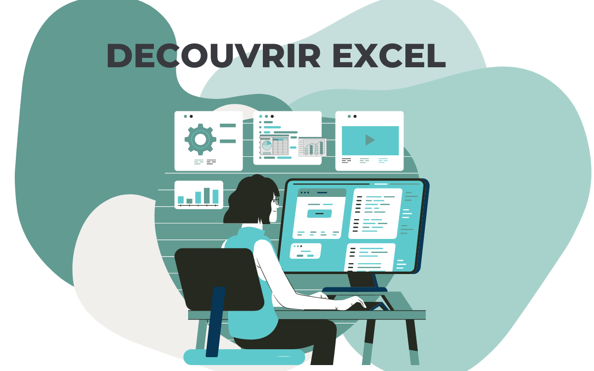 Intitulé de l'animation : Premiers Clics : découvrir Excel. Une femme assise à un bureau d'ordinateur travaillant sur des dossiers. Fond de bulles de couleur verte