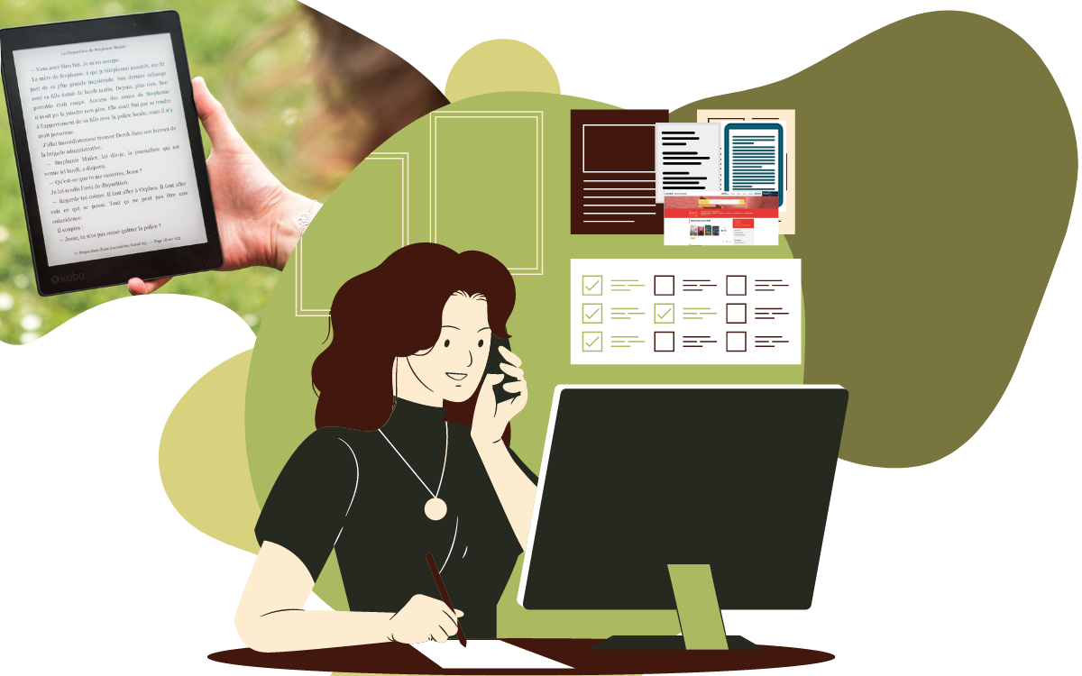 Femme devant un ordinateur. En fond d'écran : une liseuse et des modes d'emploi pour le téléchargement sur fond de bulles vertes