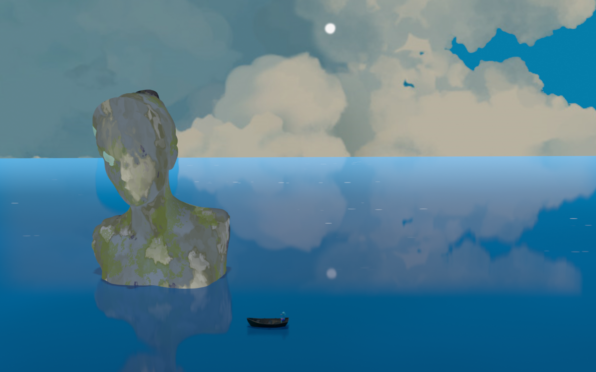 Illustration cartoon représentant un océan avec une immense statue sortant à moitié de l'eau et un bateau qui semble petit juste à côté