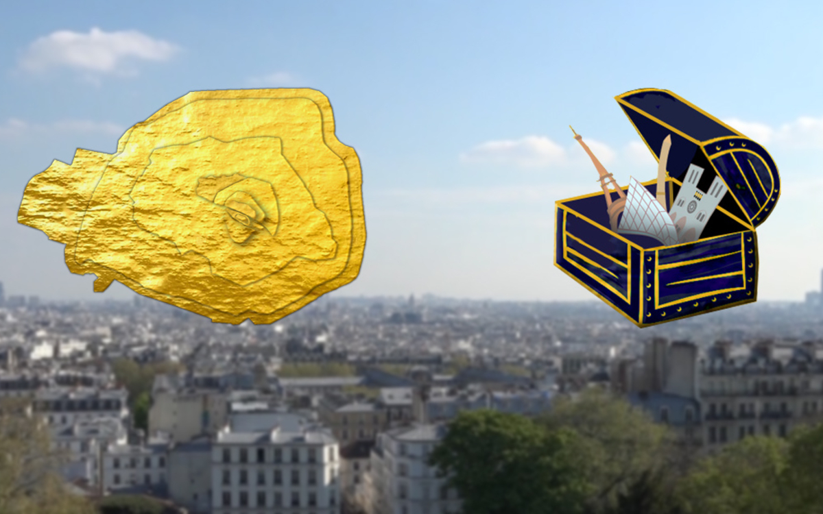 Carte historique de Paris et coffre avec les monuments à visiter