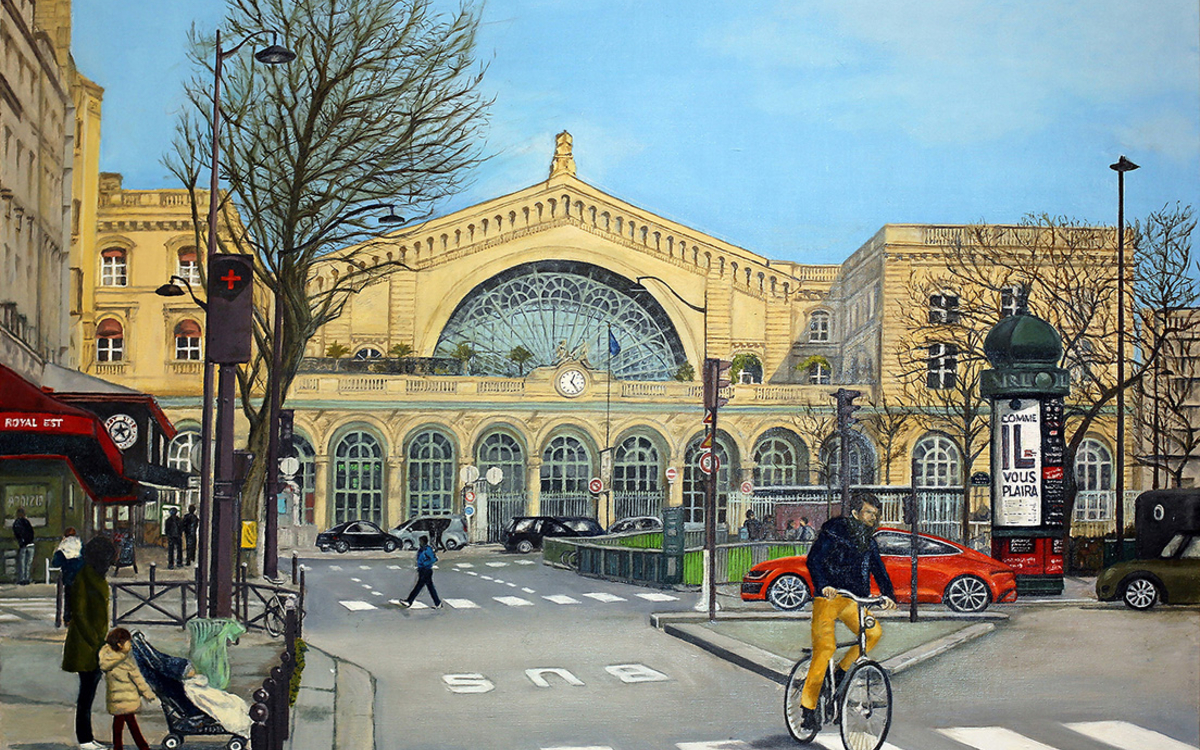 Parmi les vues de Paris et des pays traversés lors de ses voyages Yumiko Seki s'est arrêtée sur l'un de ses nombreux modèles dont la Gare de l'Est et lieux emblématiques de la Capitale.