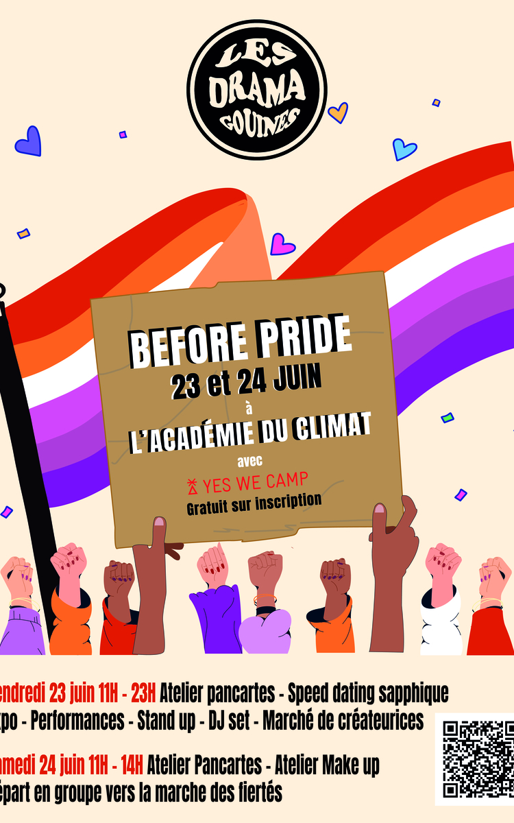 Graphisme de points levés pour montrer le côté engagé de l'événement avec le titre "BEFORE PRIDE" inscrit sur une pancarte tenue par deux bras pour mettre en avant l'activité principale qui est la conception de pancartes pour la pride