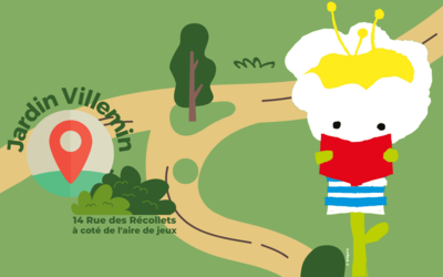 Fond du visuel : parc arboré. Personnage tenant un livre. Logo de l'évènement "Bibliothèques hors les murs". Indication du lieu "jardin Villemin"