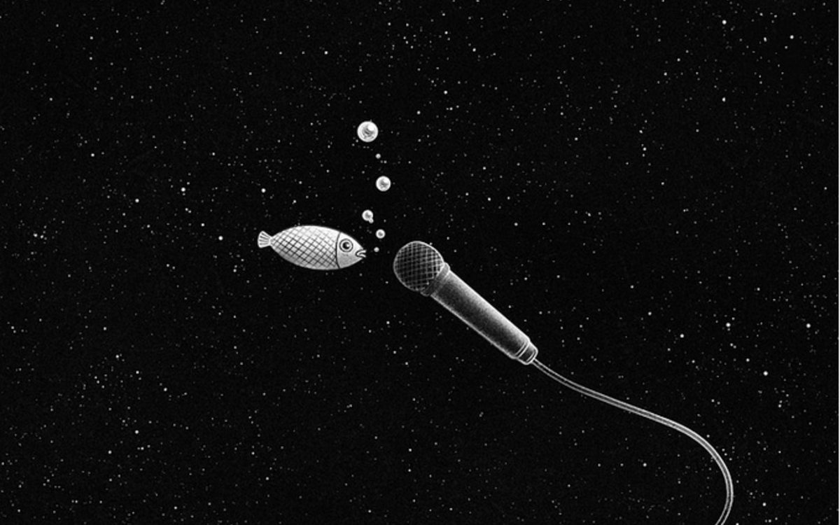 Image représentant un poisson faisant des bulles dans un micro pour illustrer le podcast sur la thématique de l'eau