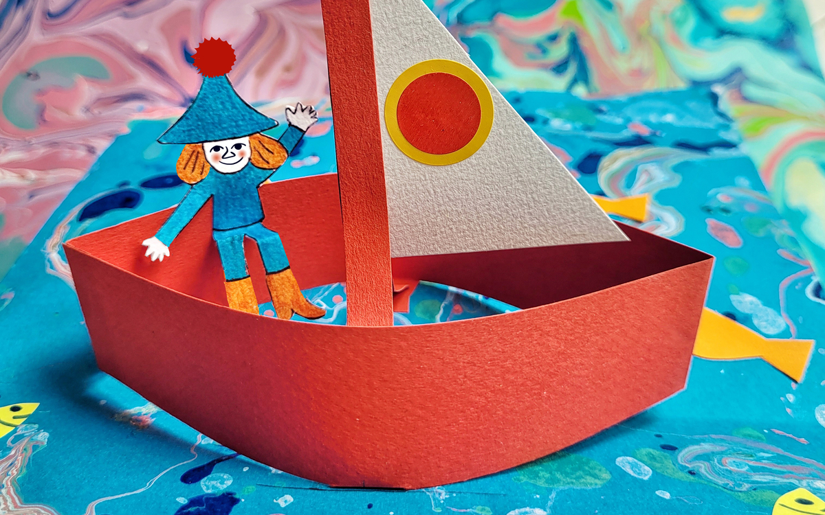 bateau pop-up sur carte en suminagashi