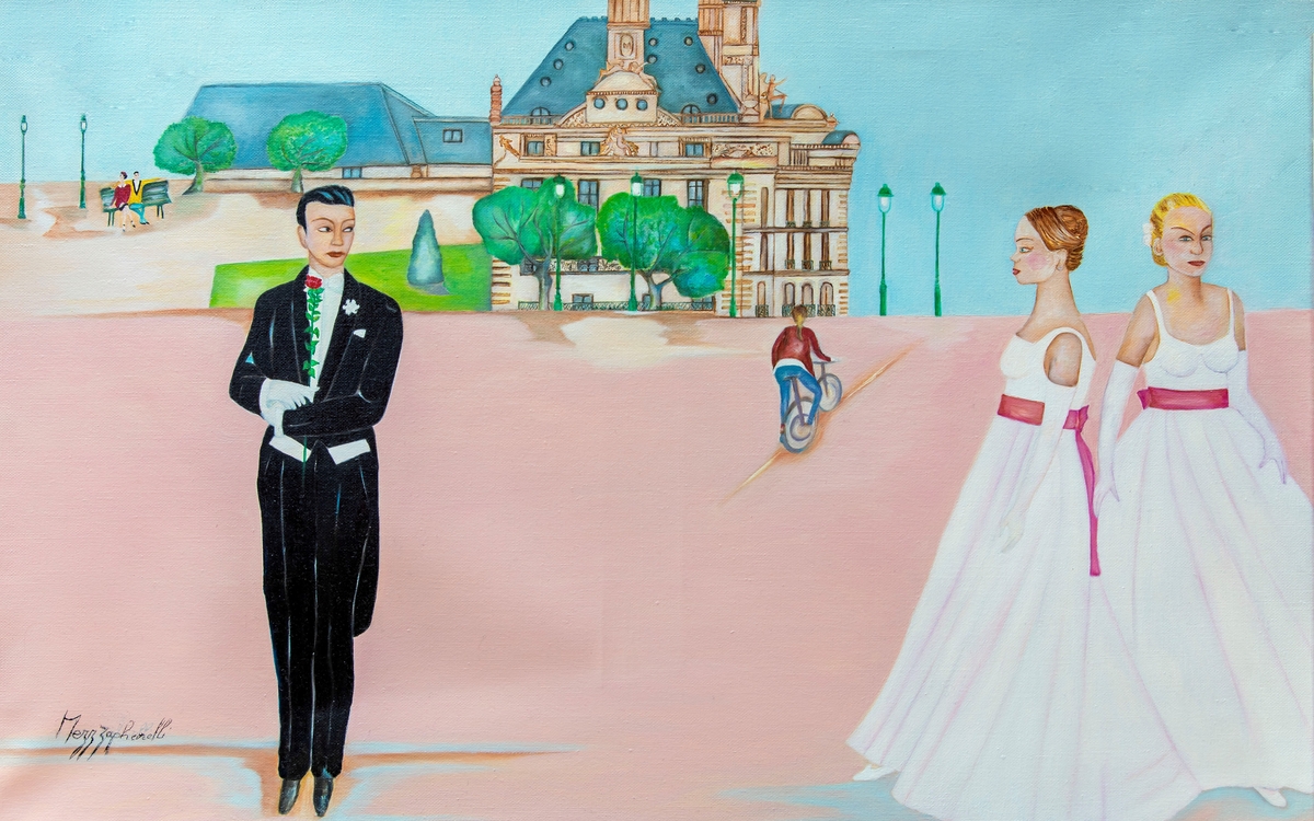 peinture deux personnages féminins en robe blanche, un homme en costume devant le Palais du Louvre