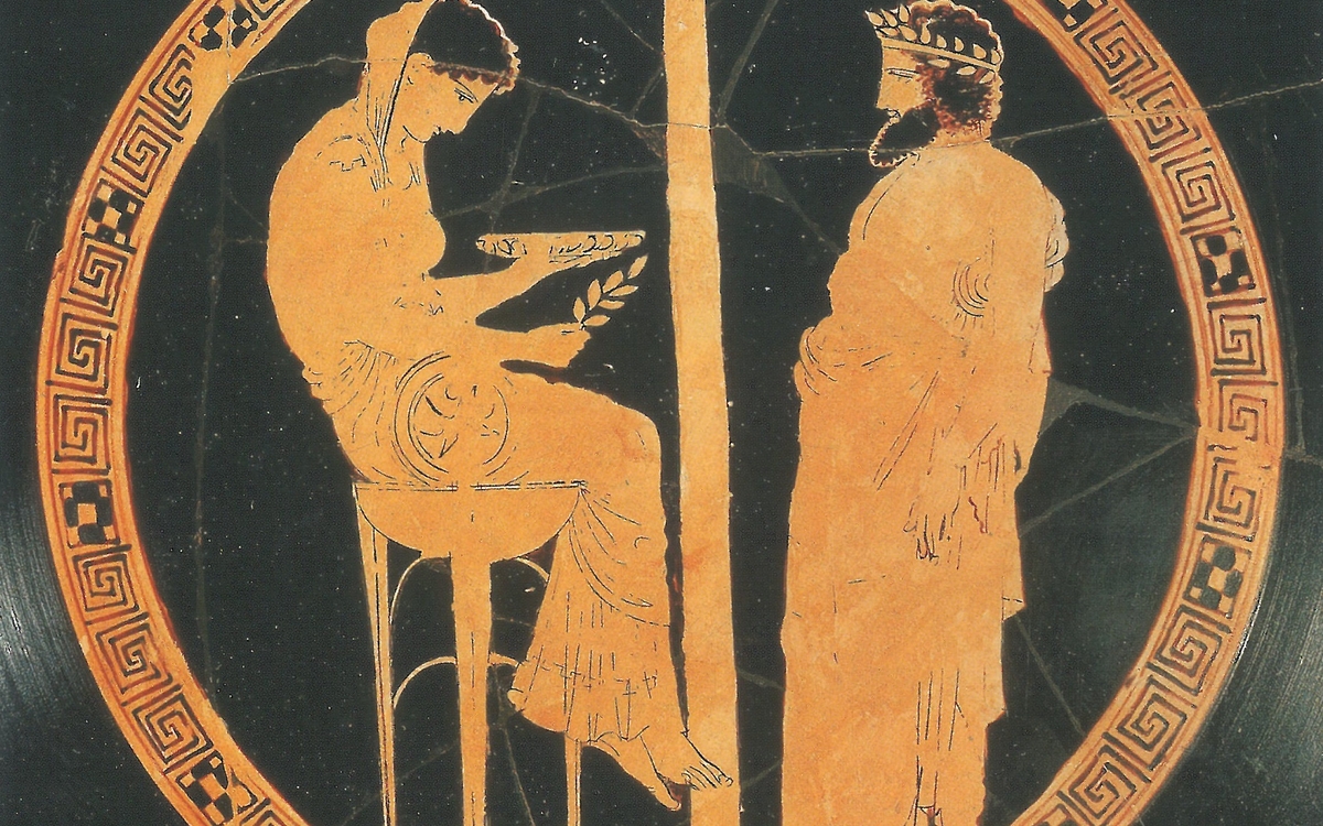 Représentation de Zeus consultant l'oracle sur un vase antique datant de -440 environ