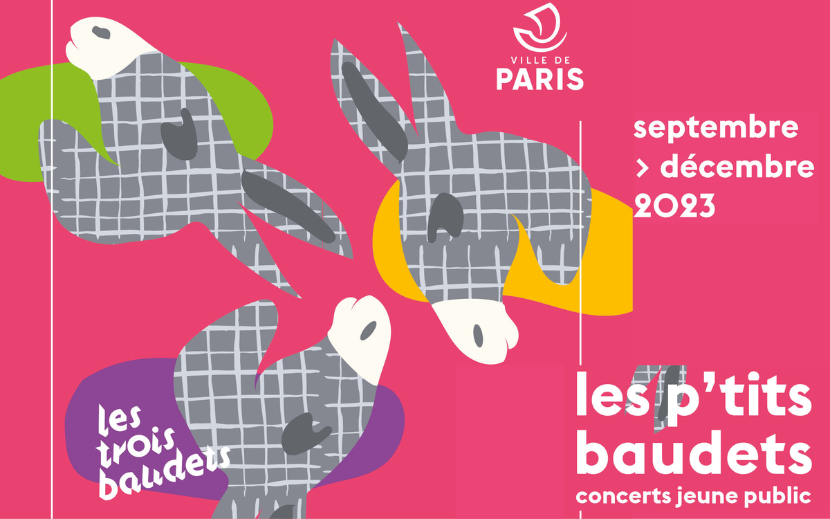 3 baudets gris sur fond rose avec le titre de l'événement, ses dates et le logo des Trois Baudets !