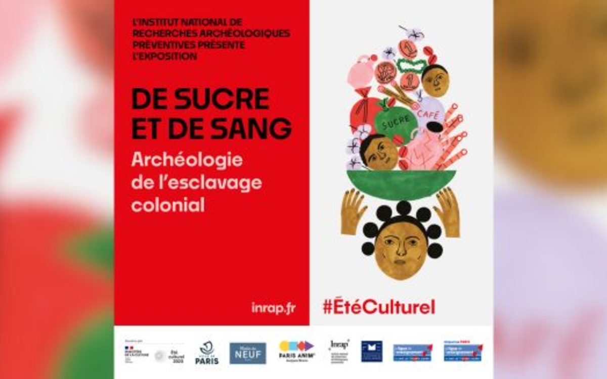 Visuel de l'exposition de sucre et de sang avec des illustrations représentatives de l'esclavage colonial. 