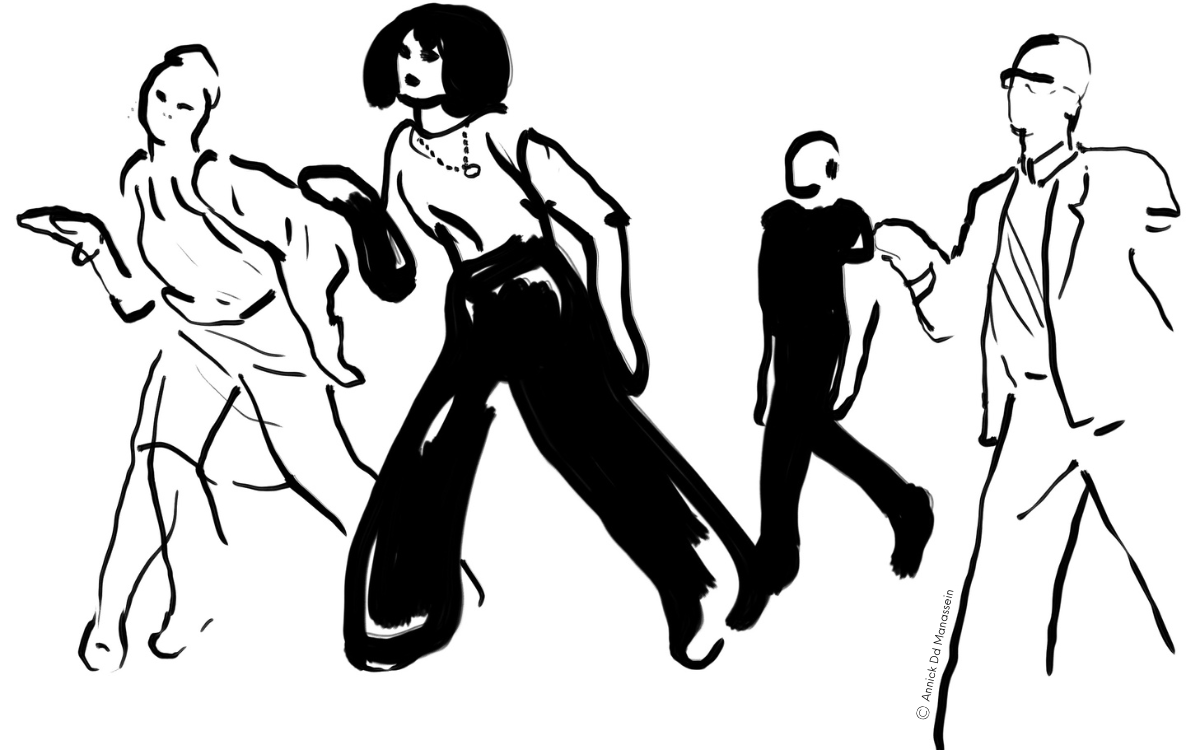 Dessin e noir et blanc de personnages ne train de danser