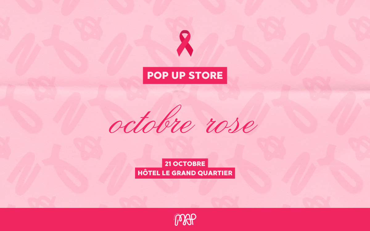 Affiche de présentation du pop up octobre rose. Fond rose pâle avec un motif graphique rose plus foncé en transparence et texte informatif