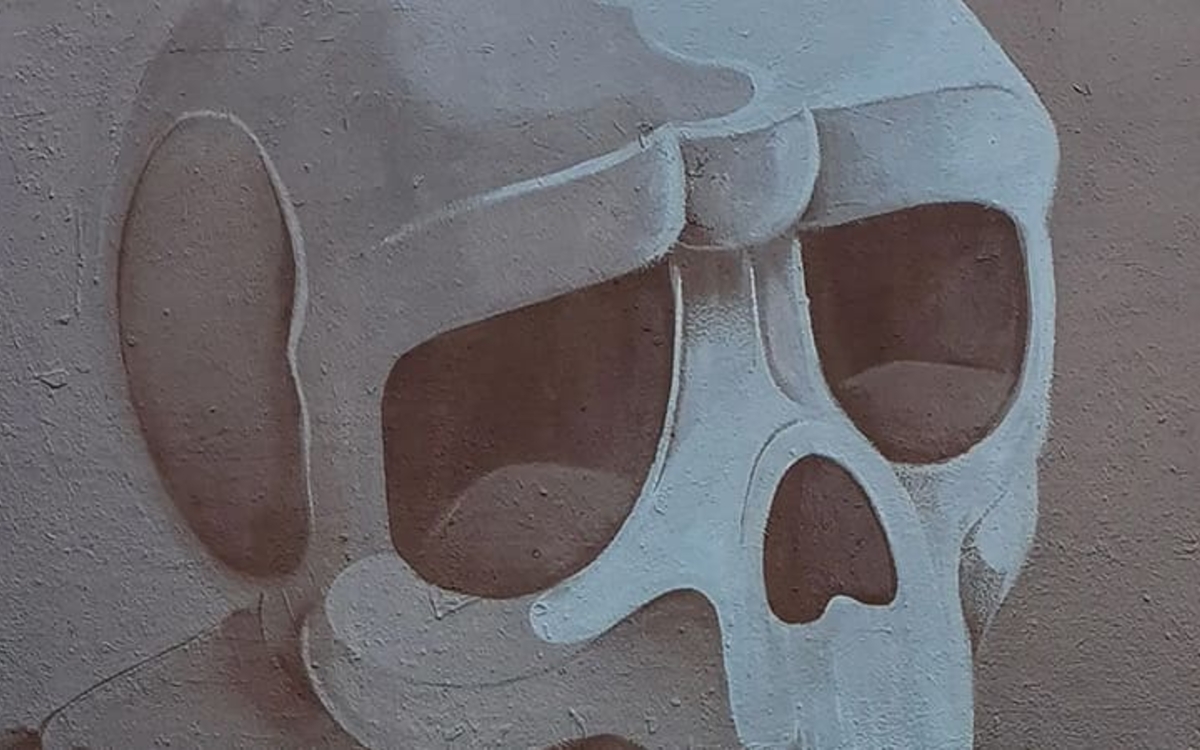 Image d'illustration pour le spectacle Vieilles Peaux. Représente la tête d'un squelette, grise aux orbites vides.