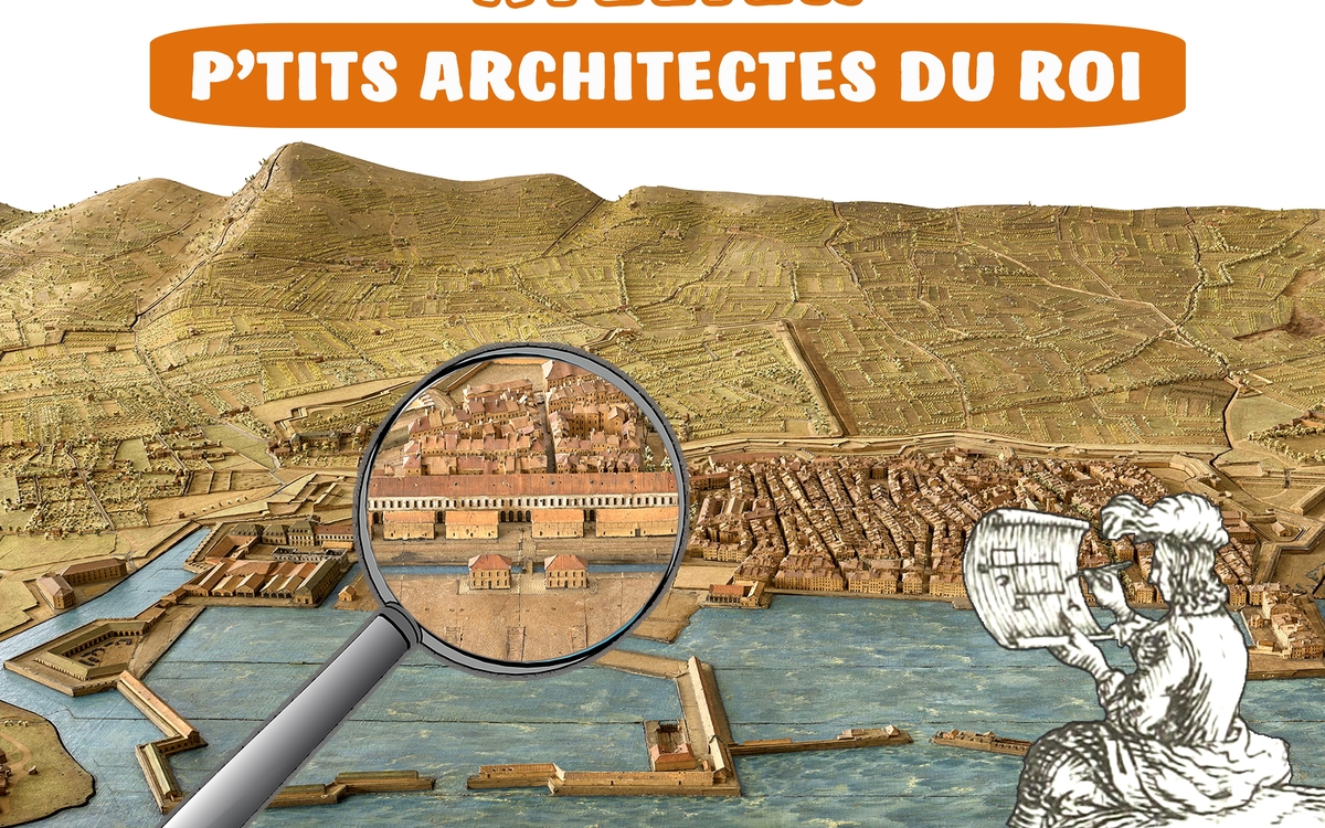 Détail du plan-relief de Toulon (fin 18e siècle) avec une gravure d'un petit personnage d'architecte dessinant des plans