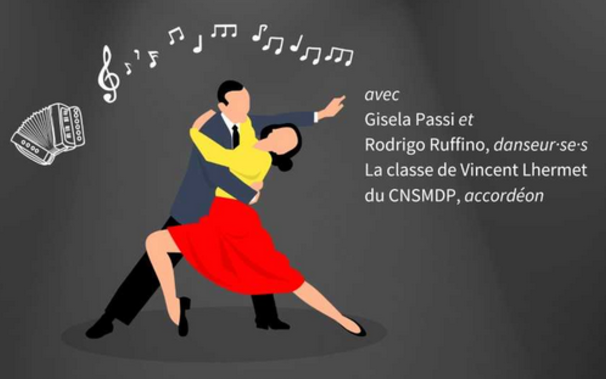 Un accordéon avec des notes de musique et un couple dansant le tango