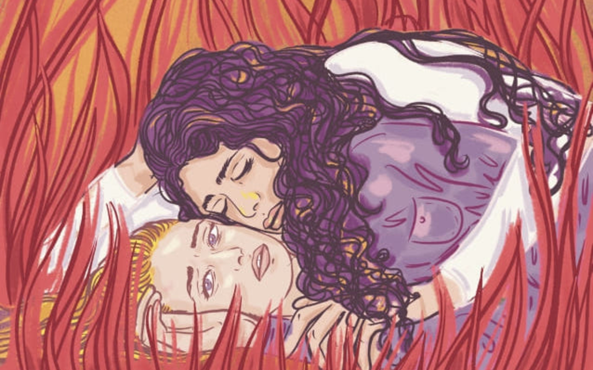 Deux femmes sur un fond de flammes