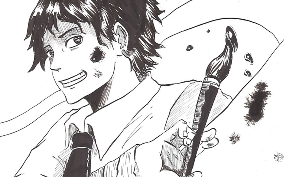 dessin manga d'un homme tenant un pinceau à calligraphie