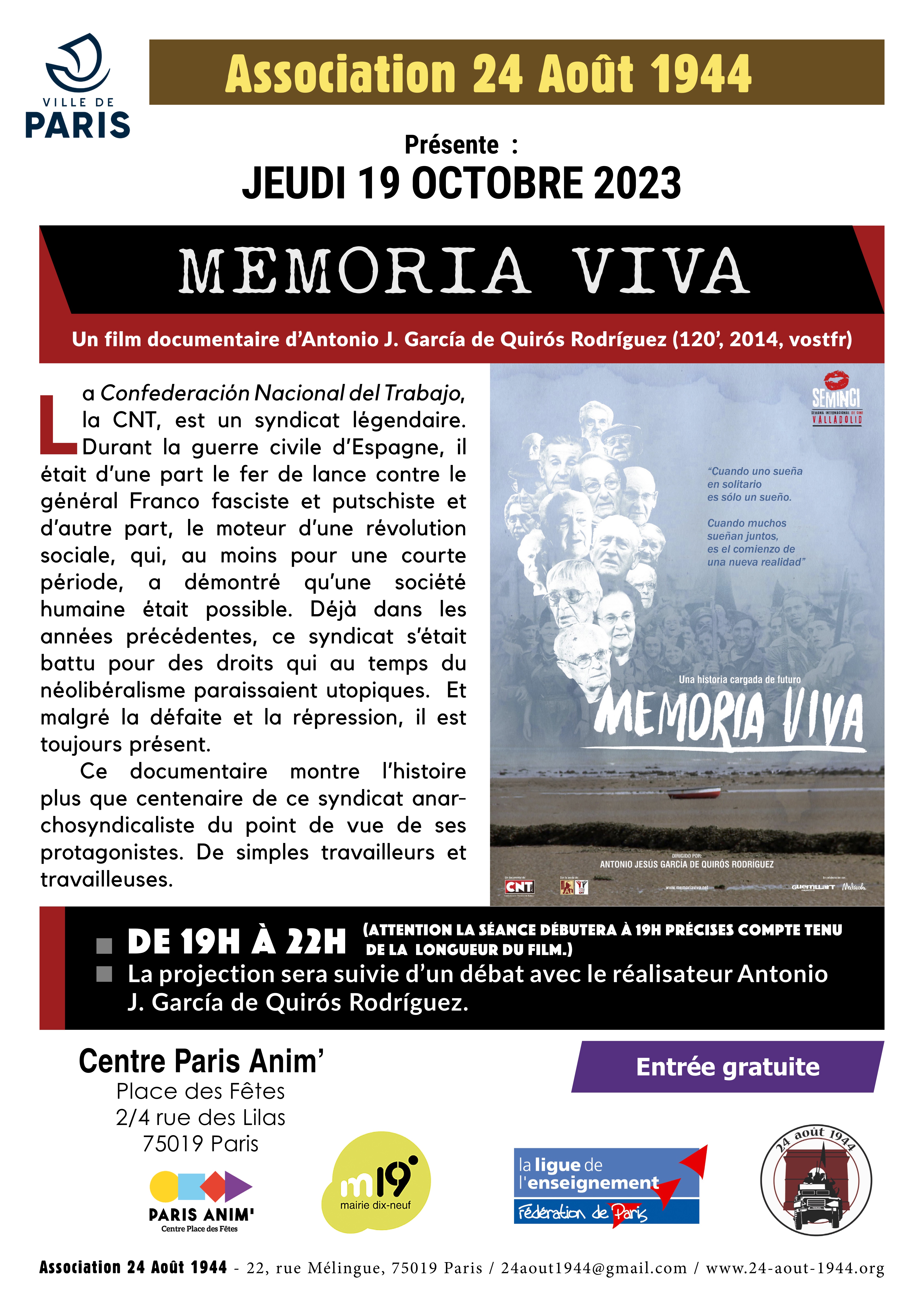 Projection Memoria Viva 19 octobre