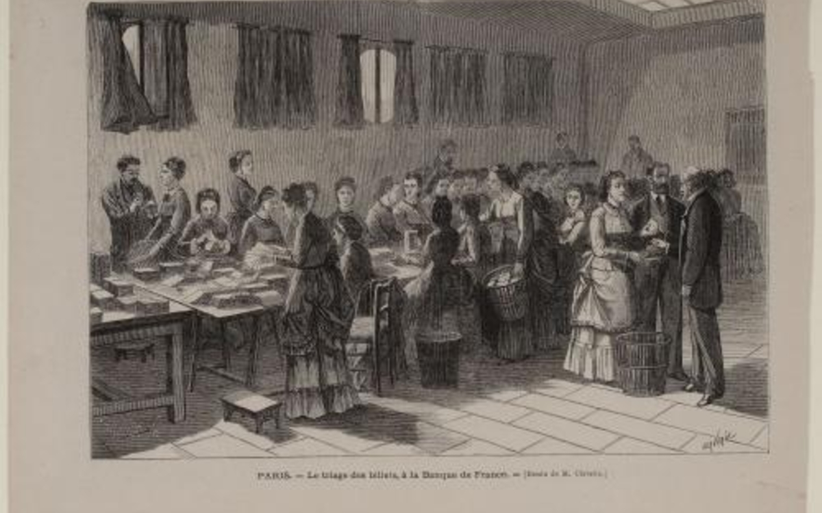 Le triage des billets à la Banque de France. Paris. Vers 1873.