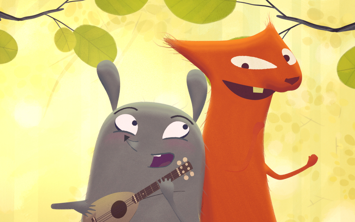 Une souris tenant un ukulélé et un renard sont côte à côté dans un fond jaune et quelques branches d'arbres