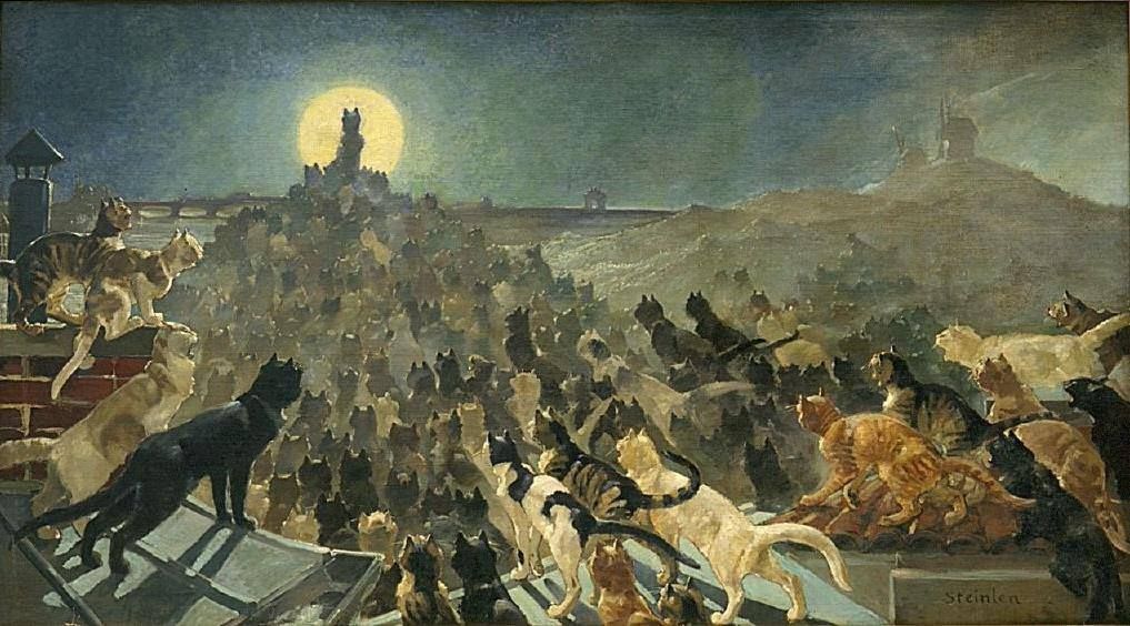 Peinture représentant une foule de chat écoutant leur leader chat, devant le lune, la nuit