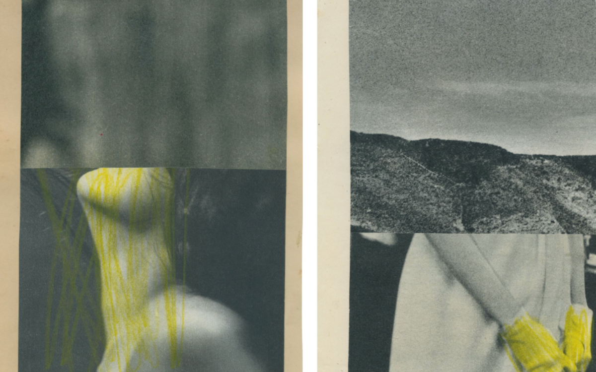 (1) Katrien de Blauwer, Why I fear red, Love Blue (and) Hate yellow, Yellow (27) 2022, Tirage encadre, 90x67 cm / (2) Katrien de Blauwer, Why I fear red, Love Blue (and) Hate yellow, Yellow (43), 2022, Collage, cadre bois noir & verre musée, 22x15 cm © Galerie Les filles du calvaire