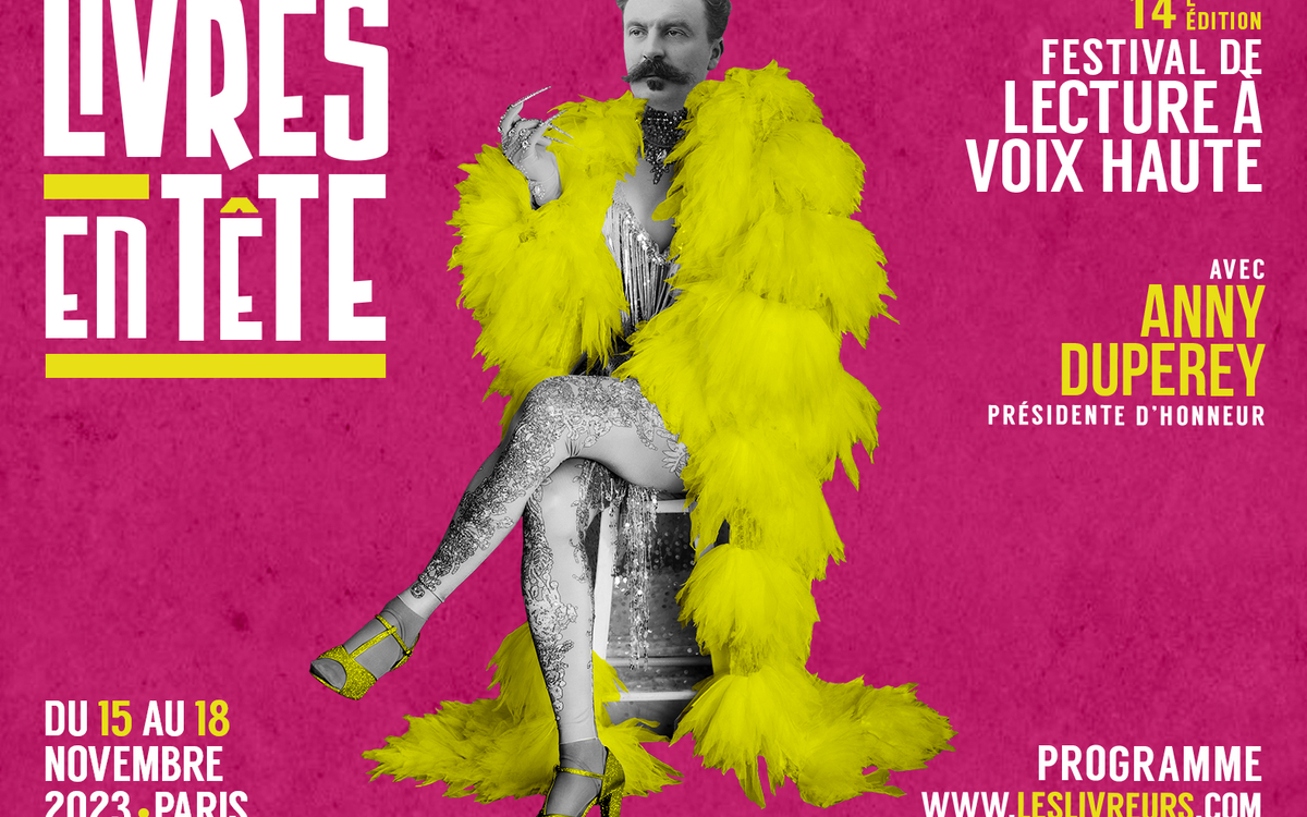 Affiche du festival de lecture à haute voix Livres en Tête montrant Guy de Maupassant habillé d'une robe de cabaret.