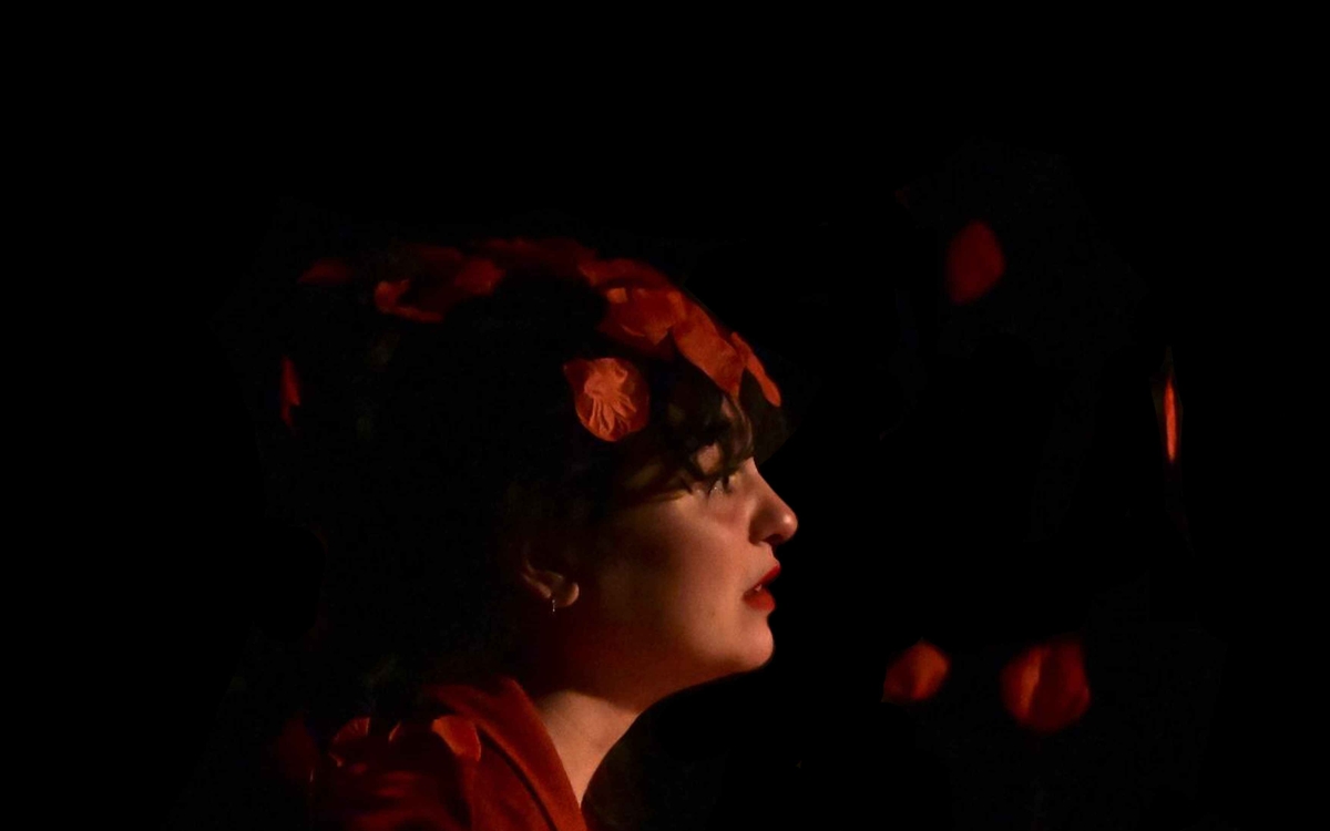 Une femme de côté, sur scène, des fleurs rouges dans les cheveux, regarde le public en parlant.