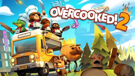 Bannière du jeu overcooked 2, des petits personnages sont sur un van, en route pour cuisiner