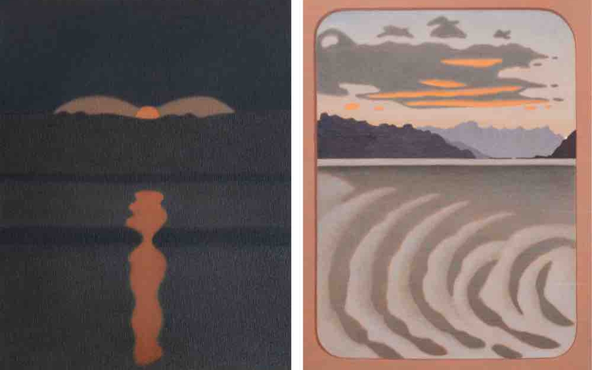 Lune reflet rouge, 2018. Huile sur toile. collection privée, Genève, Suisse / Grande vague, 2022. Huile sur toile. 