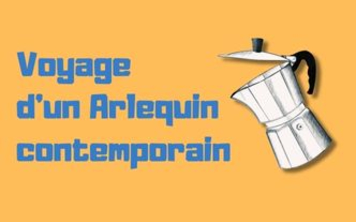 Titre du spectacle avec une cafetière versant un bon café. Le fond est orange et l'écriture est en bleu pour dynamiser l'ensemble