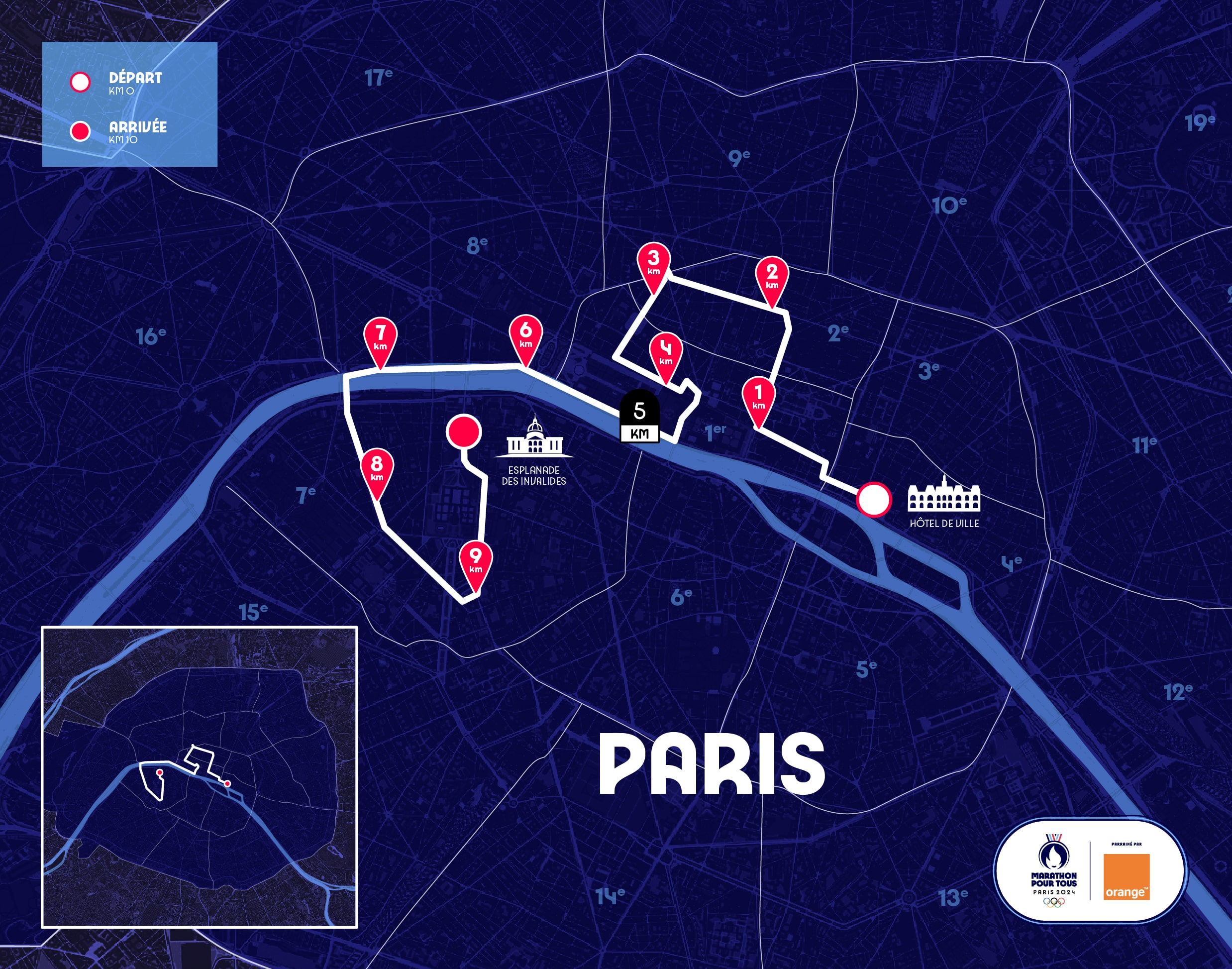 Carte de Paris avec, en surbrillance, le tracé des 10 km. 