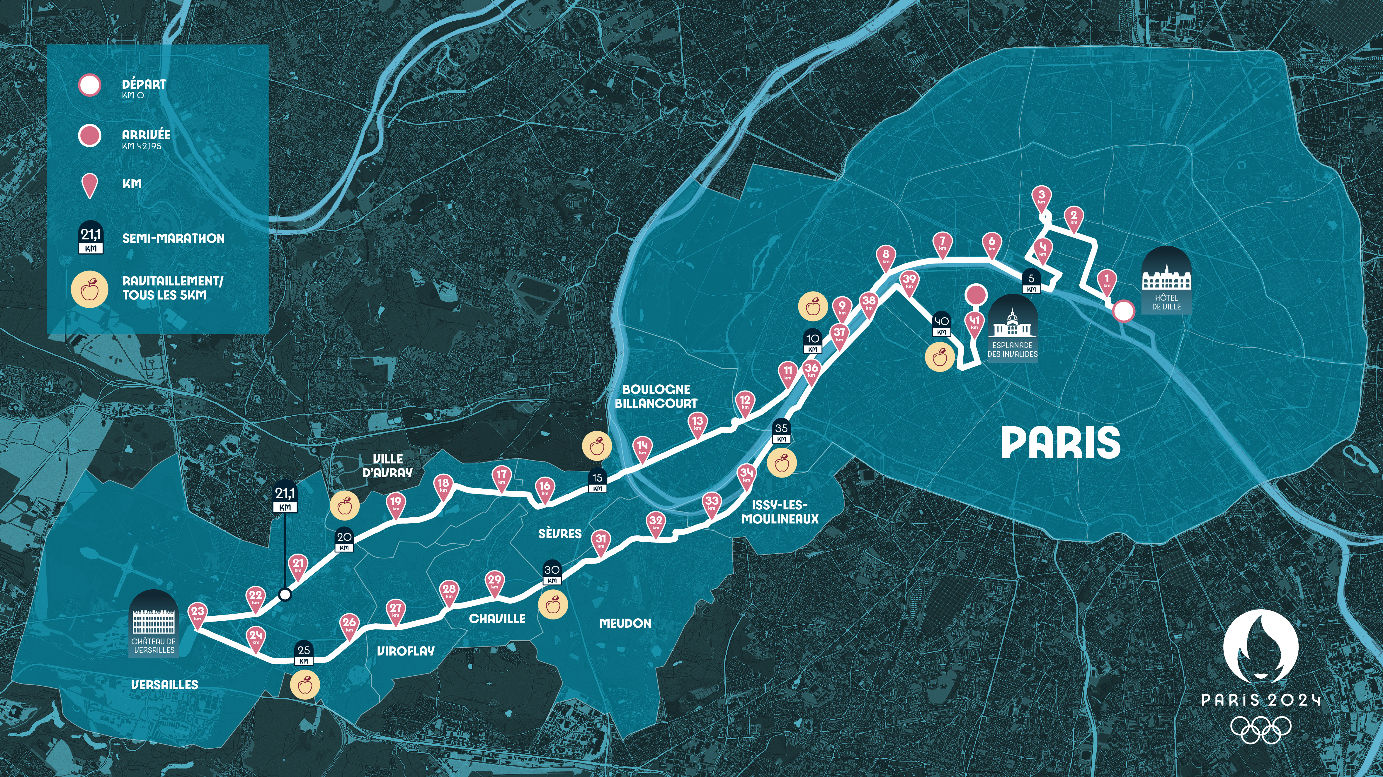 Parcours officiel du marathon olympique de Paris 2024 avec les différents points d'intérêt sur le trajet. 