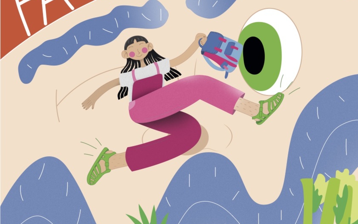 Affiche du spectacle musical FA RÉ MI représentant une petite fille brune en salopette rose avec un cartable bleu