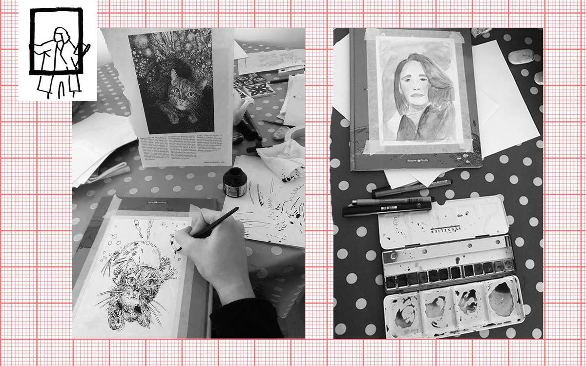 Photographie des dessins réaliser en cours à l'encre de chine et à l'aquarelle 