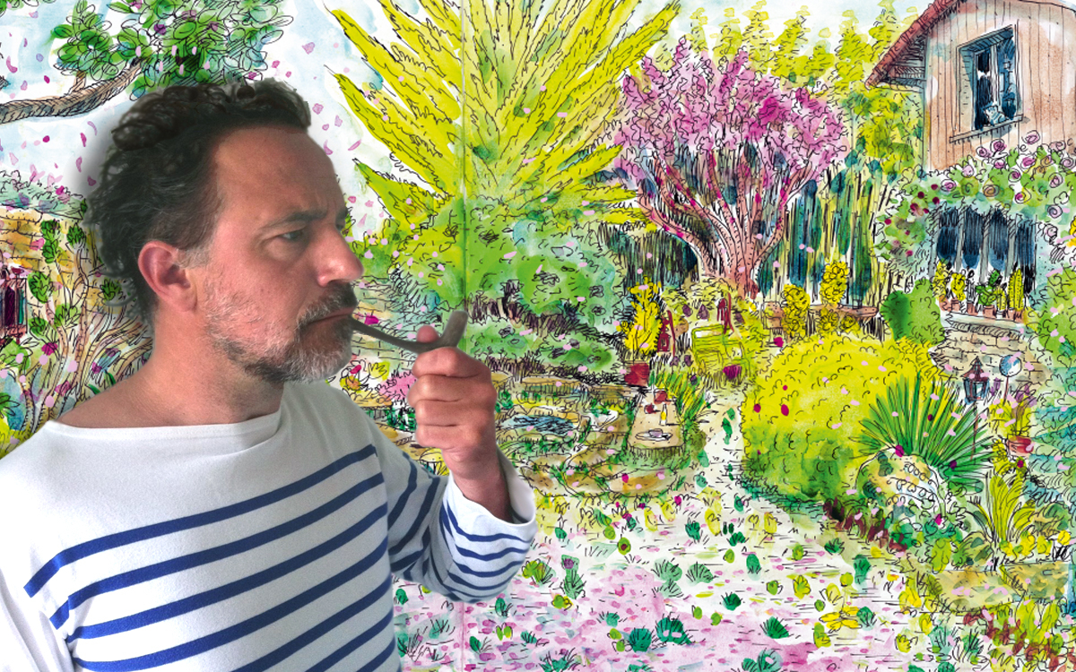 Photo de Fred Bernard avec en fond, une de ses illustrations