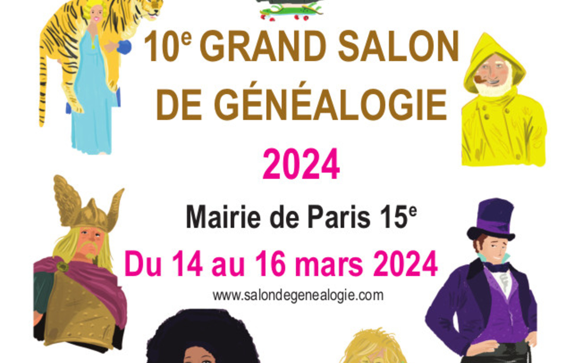 affiche du 10e Salon de généalogie du 15e du 14 au 16 mars 2024