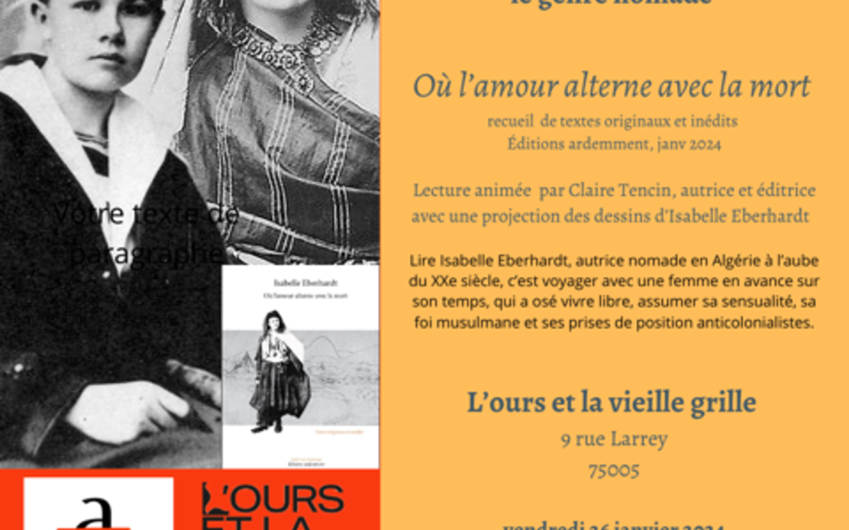 Lecture de "Où l'amour alterne avec la mort", recueil de textes originaux et inédits paru aux Éditions ardemment en janvier 2024 avec Claire Tencin, autrice et éditrice  📍 L'Ours et la Vieille Grille Café - Librairie - Lieu culturel 9 rue Larrey, 75005 Métro : Place Monge ℹ️ Entrée libre. Après la rencontre, la soirée se poursuit pour échanger au café-librairie où on peut dîner et boire un verre.
