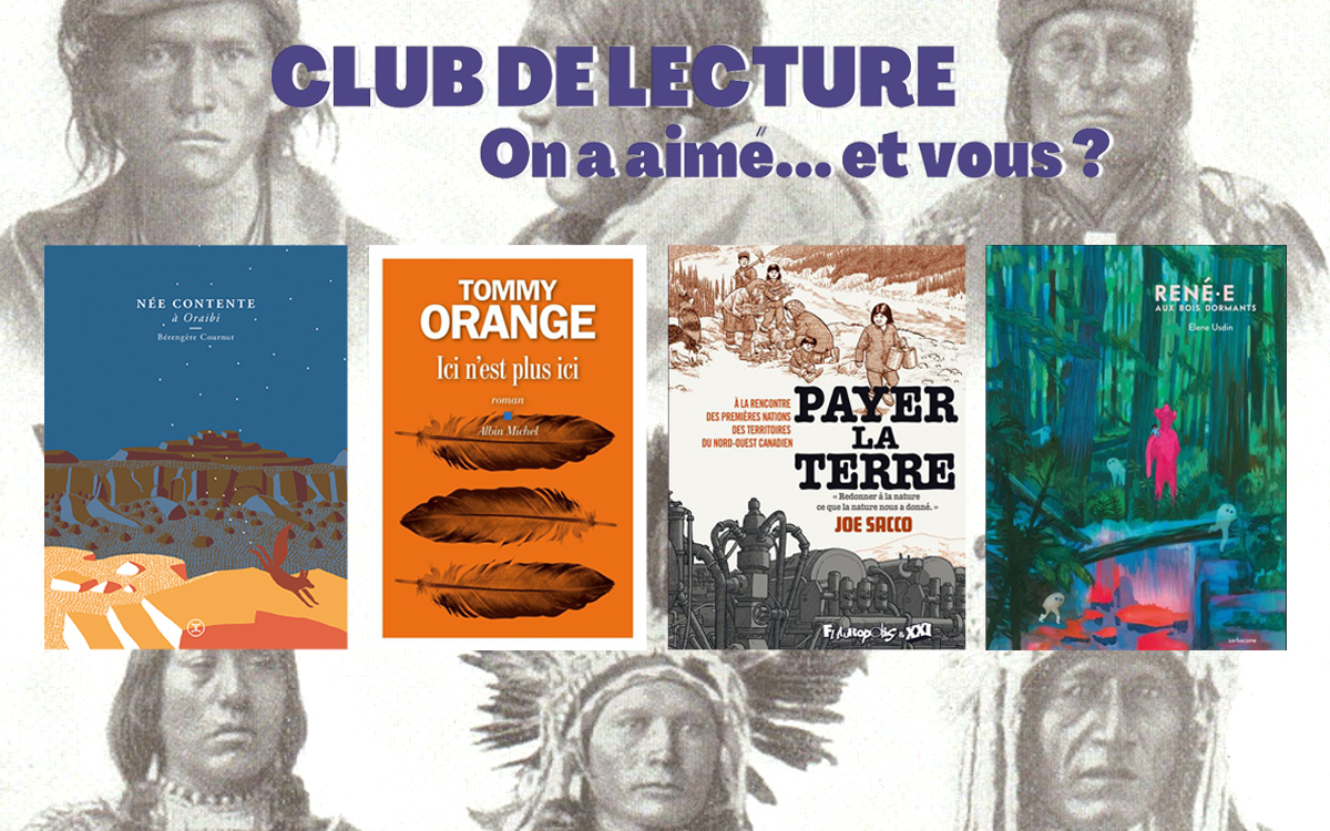 Couverture des livres abordés pendant le club de lecture avec un fond réprésentant des photos d'Améridiens