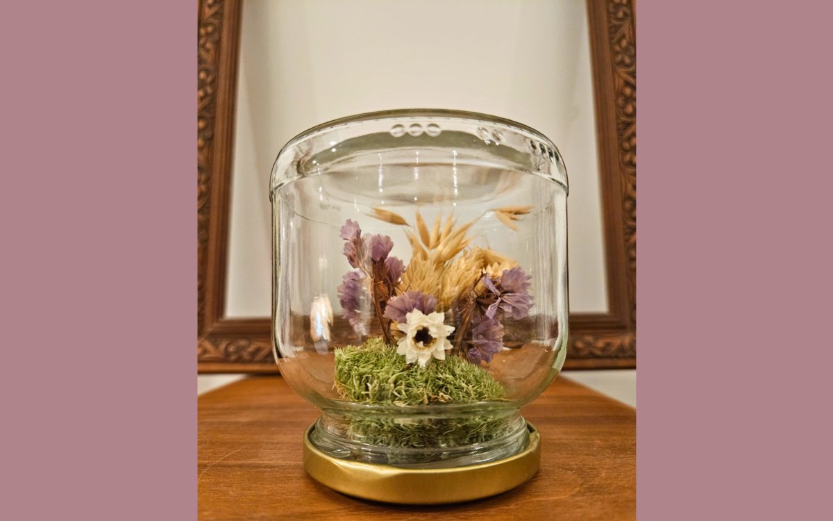 Un bocal, des fleurs séchées, une jolie cloche
