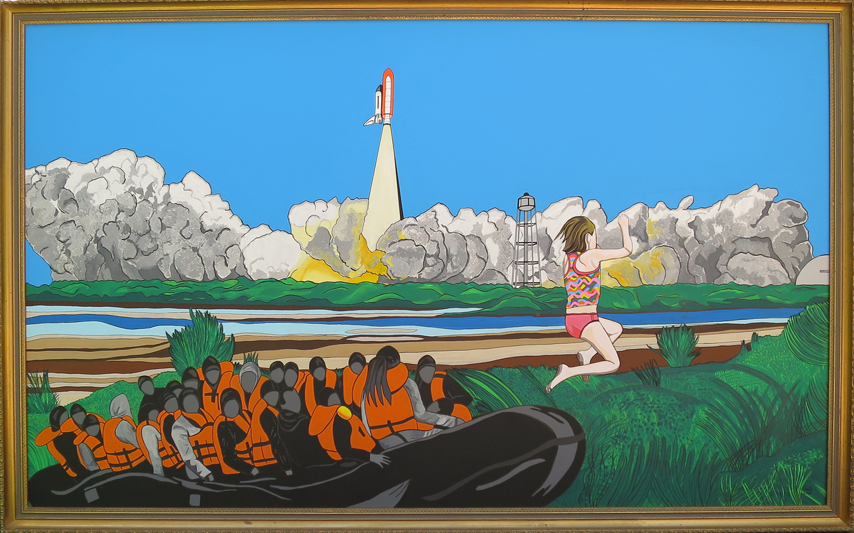 Peinture représentant des migrants dans un bateau de sauvetage et une petite fille blanche sauter dans la mer