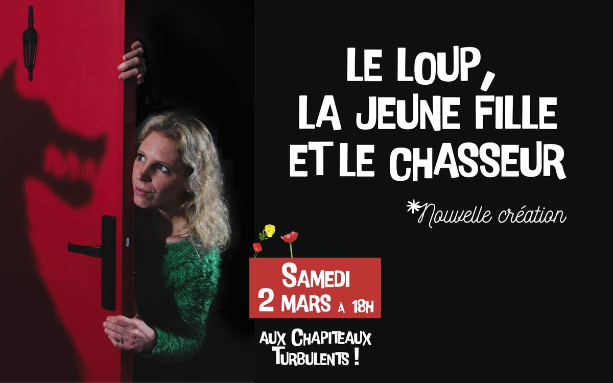 Affiche de spectacle avec une jeune fille et une ombre de loup sur une porte