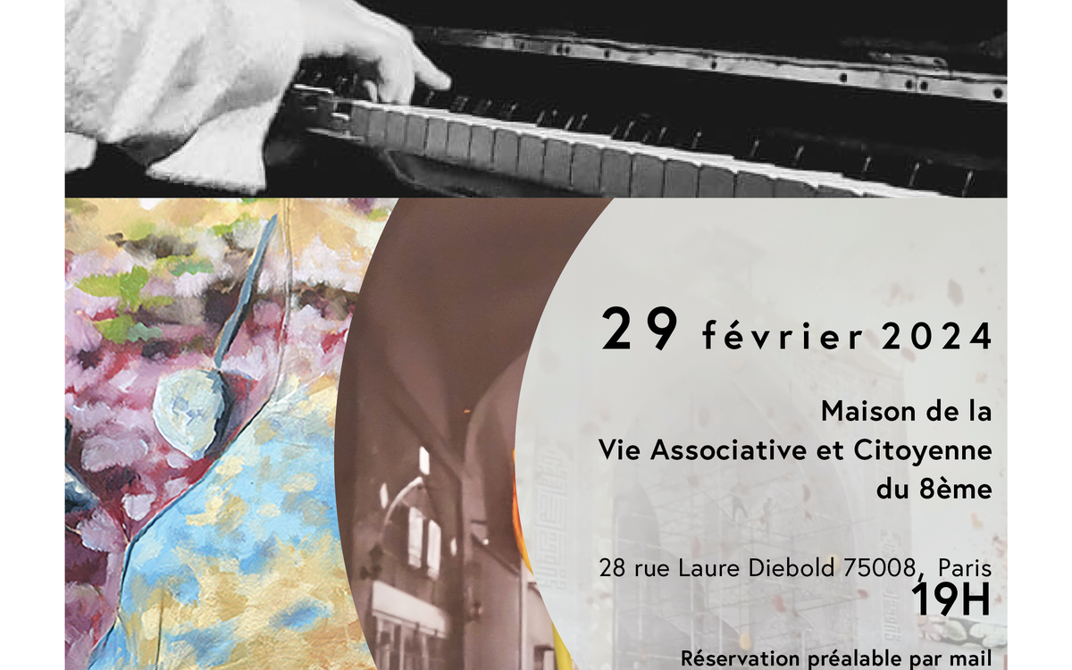 Sur un fond en couleur se présente les mains d'un pianiste jouant quelques notes au piano, dans une bulle le torse d'une danseuse orientale, en arrière plan un tableau au couleur pastel, et dans deux arcs une photo avec des matières collées 