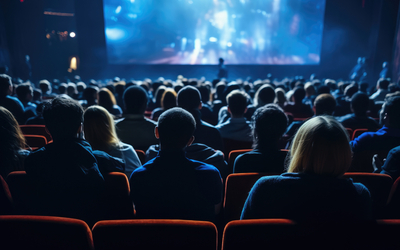 Spectateur dans une salle de cinéma devant un documentaire. 