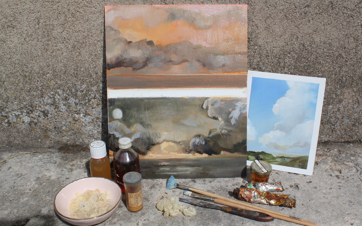 matériaux pour la peinture à l'huile : dammar en résine, pinceaux, huile de lin