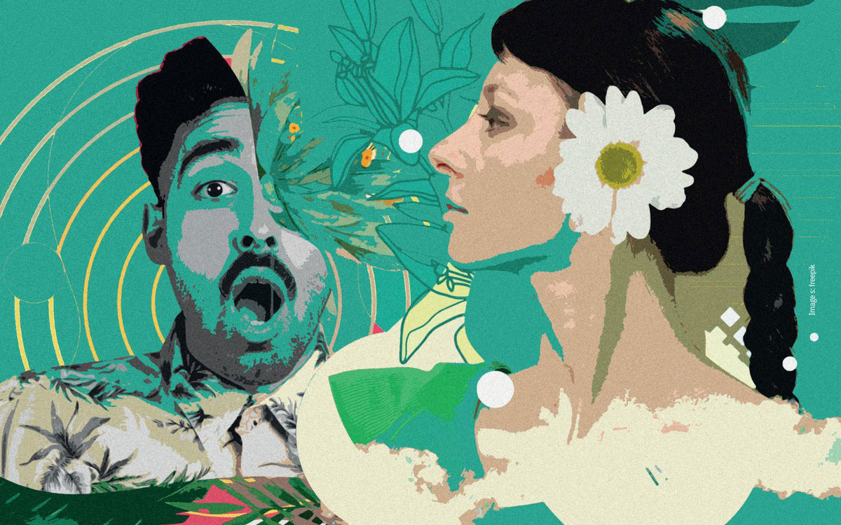 Une femme et un homme se regardent. Le décor est floral. L'homme est étonné et la femme sereinne