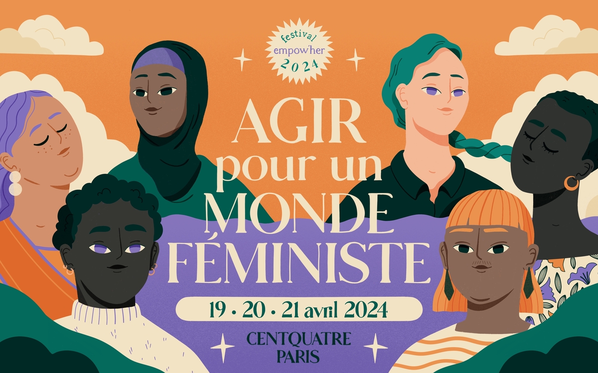 Affiche du festival Empow'Her "Agir pour un monde féministe", avec des personnes qui regardent de part et d'autres de l'image