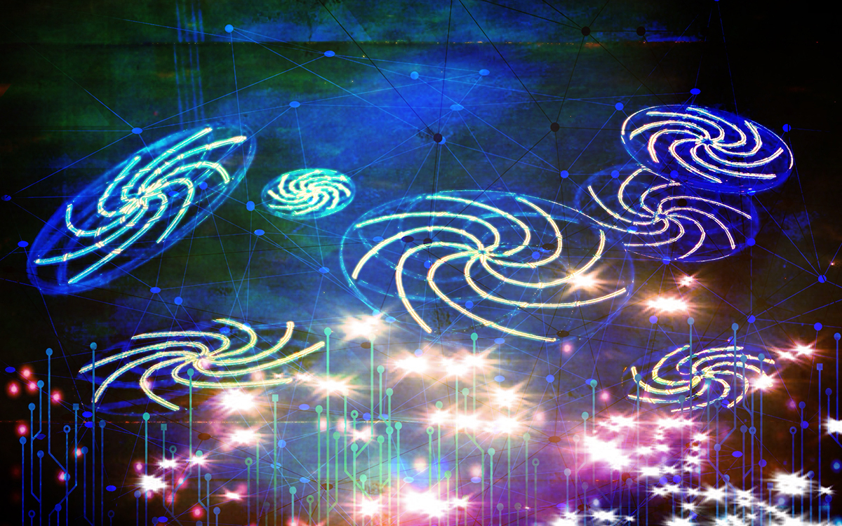 Un ensemble de grandes rosasses  en verre, éclairées de l'intérieur, posées sur le sol. L'Ambiance en bleue et blanche, comme un ciel étoilée. 