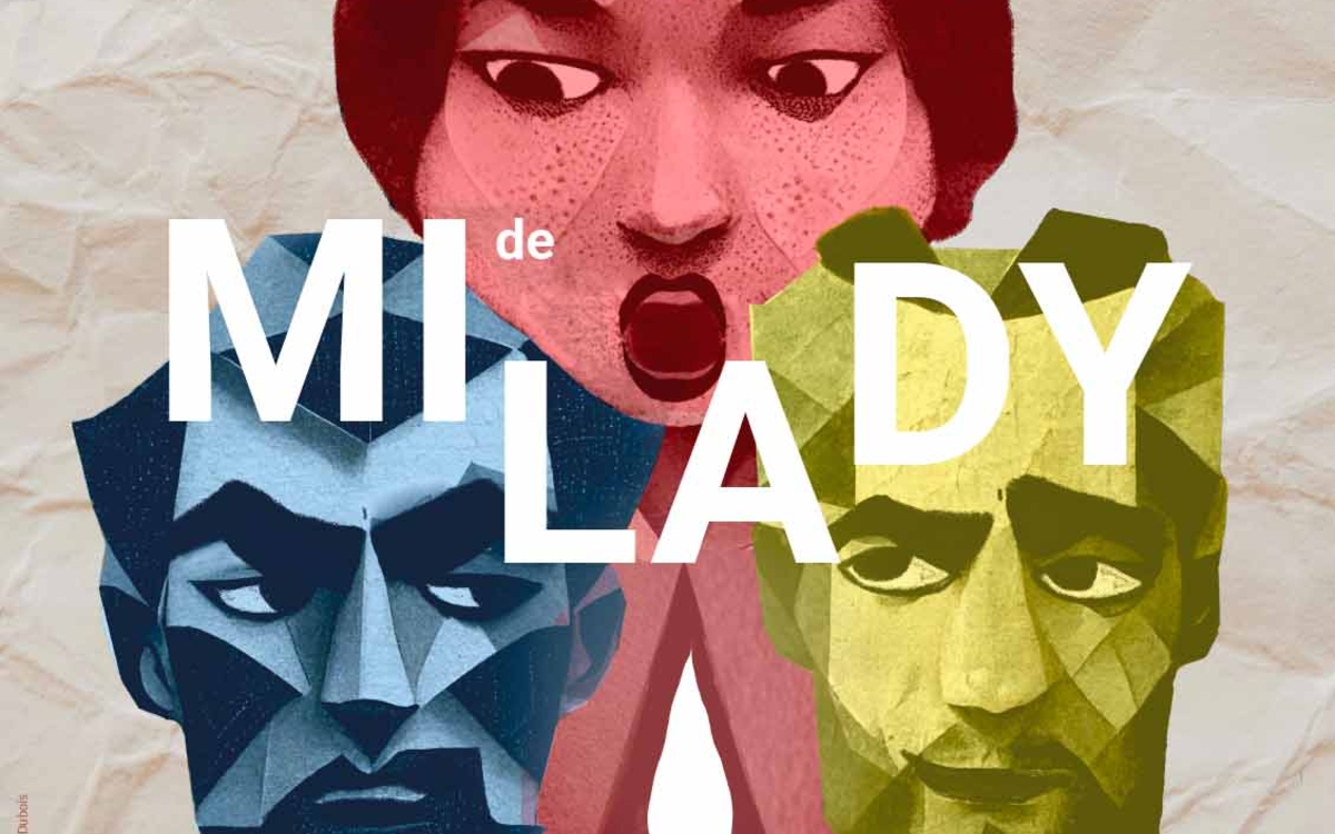 Affiche du spectacle, avec illustration des trois personnages principaux en couleurs et géométriques