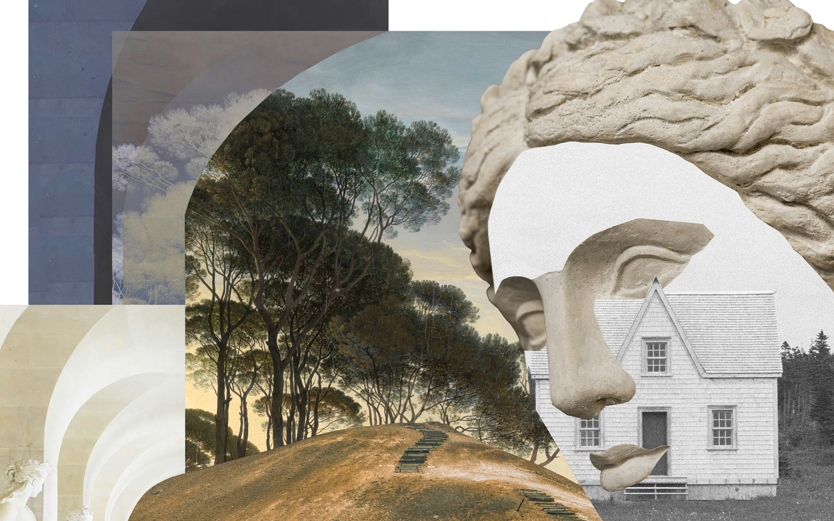 Collage assemblant une statue, un paysage, et différents éléments découpés