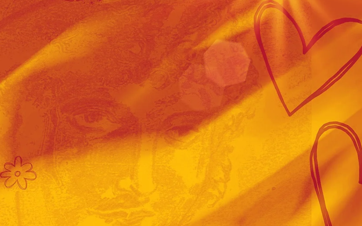 Visage féminin grec antique modernisé sur fond orangé et solaire